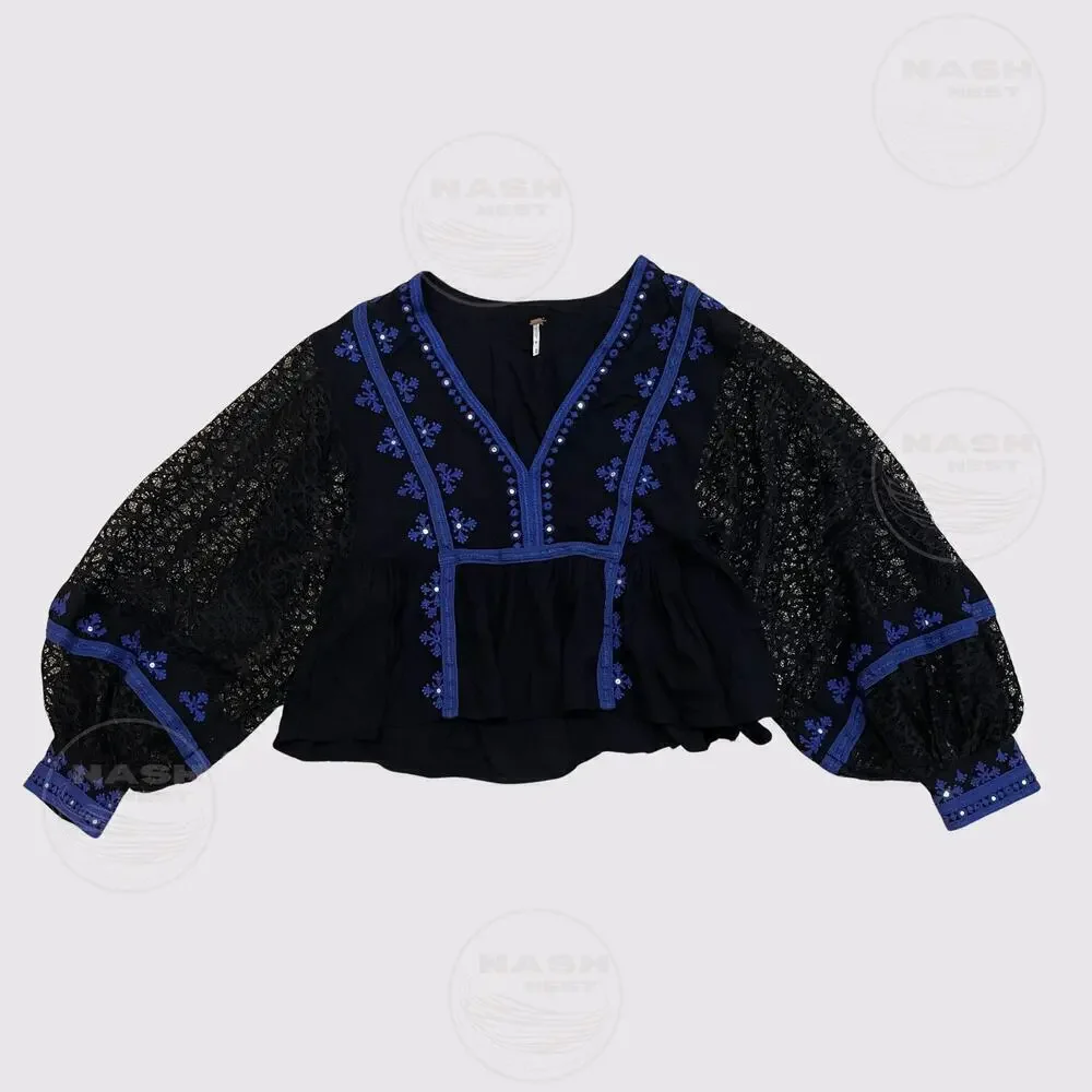 Free People M Boogie All Night Peasant Blouse | Black Lace, Blue Embroidery